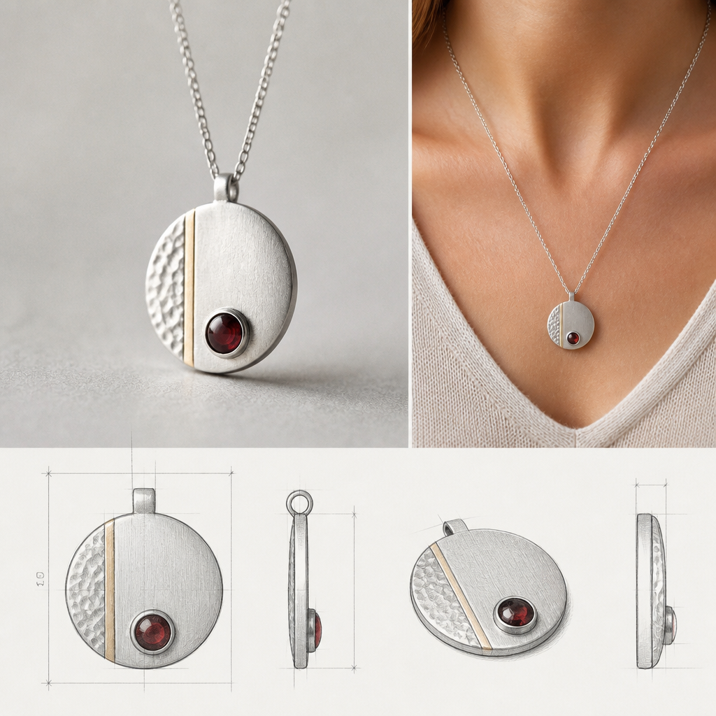 A scandinavian women's pendant made of silver with garnet stones, ultra-minimalist, very simple and clean, understated, no embellishments. "photorealistic jewelry design, A scandinavian women's pendant made of silver with garnet stones suitable for daily wear, minimalist. simple and delicate, clean lines. simplistic form minimalist brushed silver finish with an accent of gold and a small section of hammered surface, scandinavian style, with design scketchs and mesurments
photorealistic jewelry design, A scandinavian women's pendant made of silver with garnet stones, ultra-minimalist, very simple and clean, understated, no embellishments. "photorealistic jewelry design, A scandinavian women's pendant made of silver with garnet stones suitable for daily wear, minimalist. simple and delicate, clean lines. simplistic form minimalist brushed silver finish with an accent of gold and a small section of hammered surface, scandinavian style, with design scketchs and mesurments, scandinavian style, just the design no text