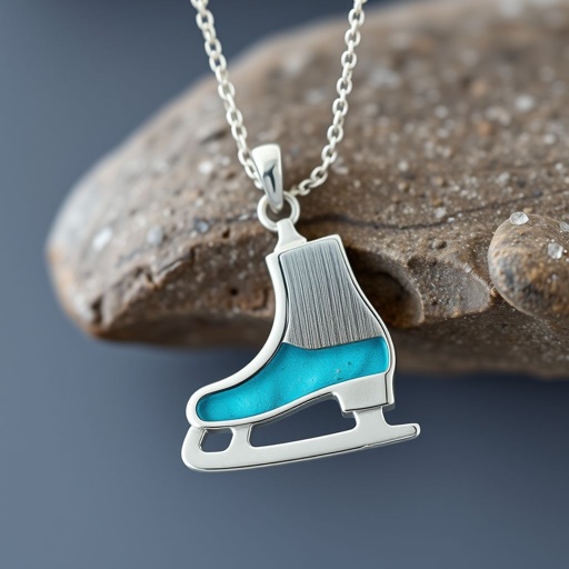 Silver Pendant shape one ice skate with turquoise stripe inside the low thin part blade