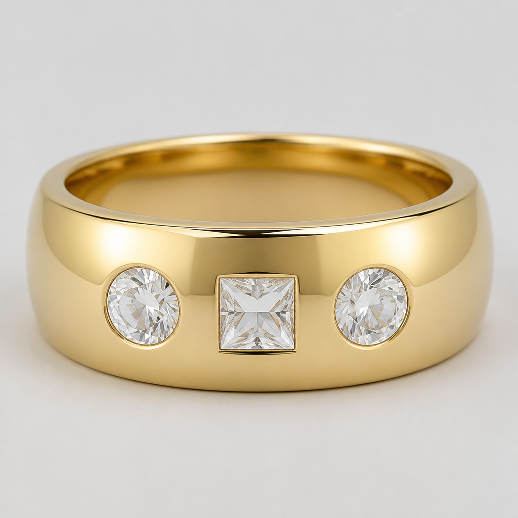 Two round one princess cut diamonds in yellow gold cigar band
photorealistic jewelry design, Two round one princess cut diamonds in yellow gold cigar band, modern style, just the design no text