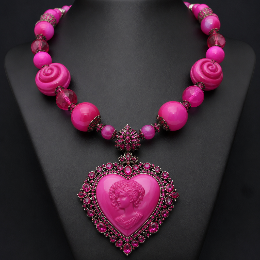Pink hot pink, big beads swirl and a huge hot pink pendant that is a litter jeweled pink heart with a cameo hot pink on it
photorealistic jewelry design, Pink hot pink, big beads swirl and a huge hot pink pendant that is a litter jeweled pink heart with a cameo hot pink on it
, gothic style, just the design no text