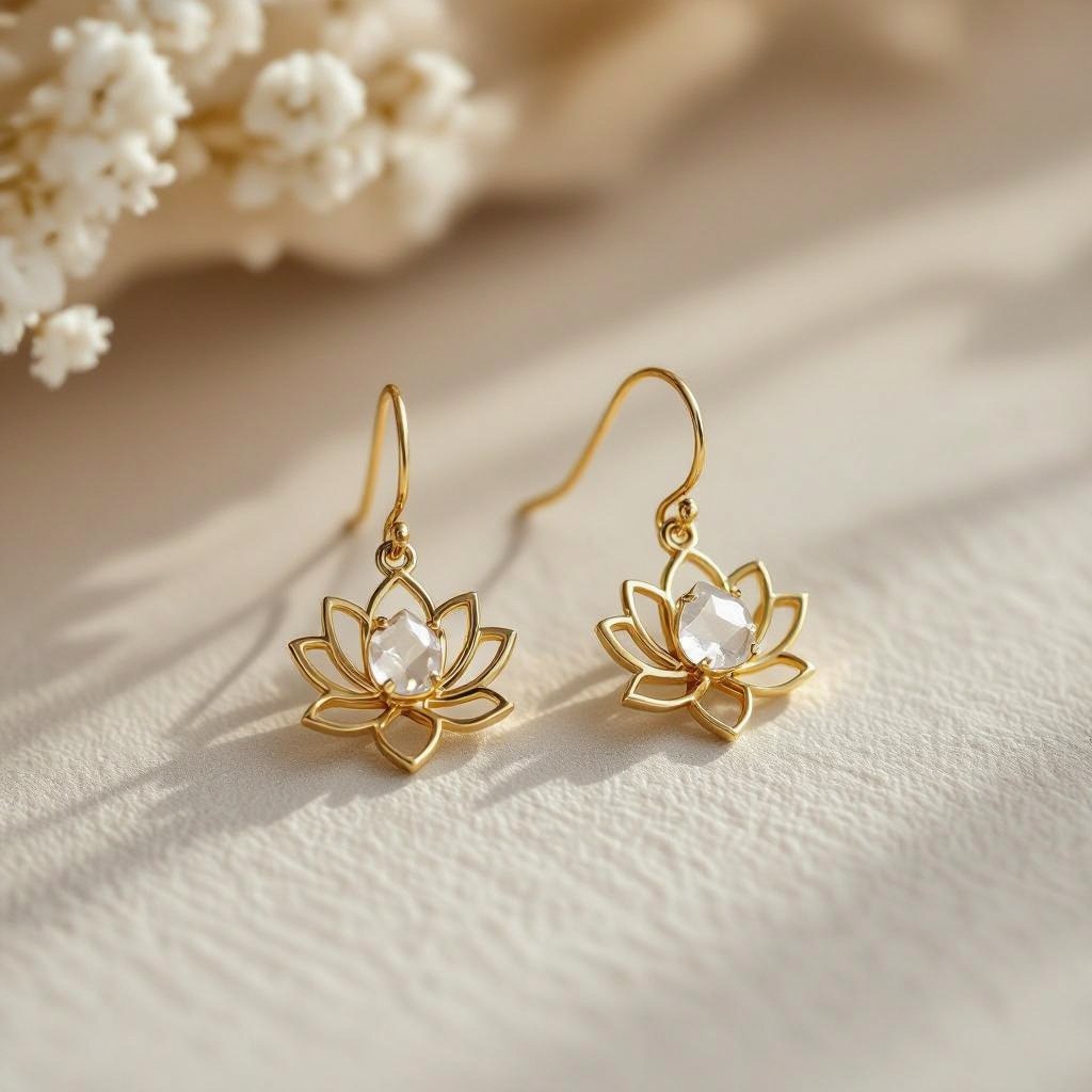 Серьги золото изящный маленький плоский лотос с необработанным маленьким хрусталем в центре