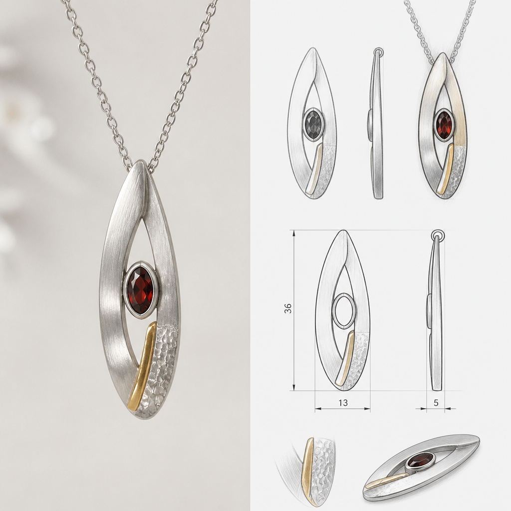A scandinavian women's pendant made of silver with garnet stones, detailed and decorative, moderately ornate. "photorealistic jewelry design, A scandinavian women's pendant made of silver with garnet stones suitable for daily wear, minimalist. simple and delicate, clean lines. simplistic form minimalist brushed silver finish with an accent of gold and a small section of hammered surface, scandinavian style, with design scketchs and mesurments
photorealistic jewelry design, A scandinavian women's pendant made of silver with garnet stones, detailed and decorative, moderately ornate. "photorealistic jewelry design, A scandinavian women's pendant made of silver with garnet stones suitable for daily wear, minimalist. simple and delicate, clean lines. simplistic form minimalist brushed silver finish with an accent of gold and a small section of hammered surface, scandinavian style, with design scketchs and mesurments, scandinavian style, just the design no text