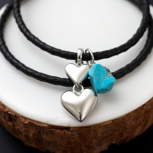 Modern stylish necklace on thick leather cord with silver heart pendant and stone charm 