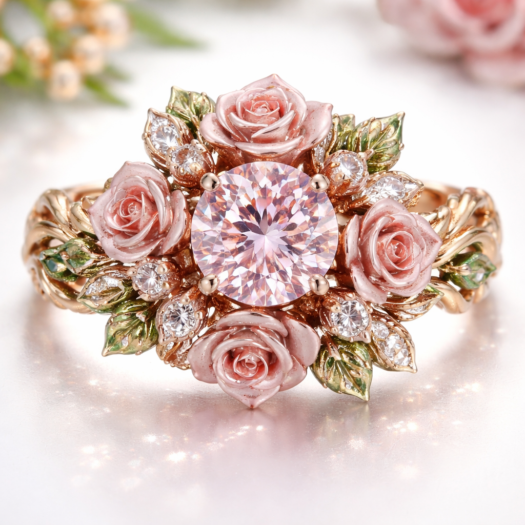 Rose surround pink diamond ring