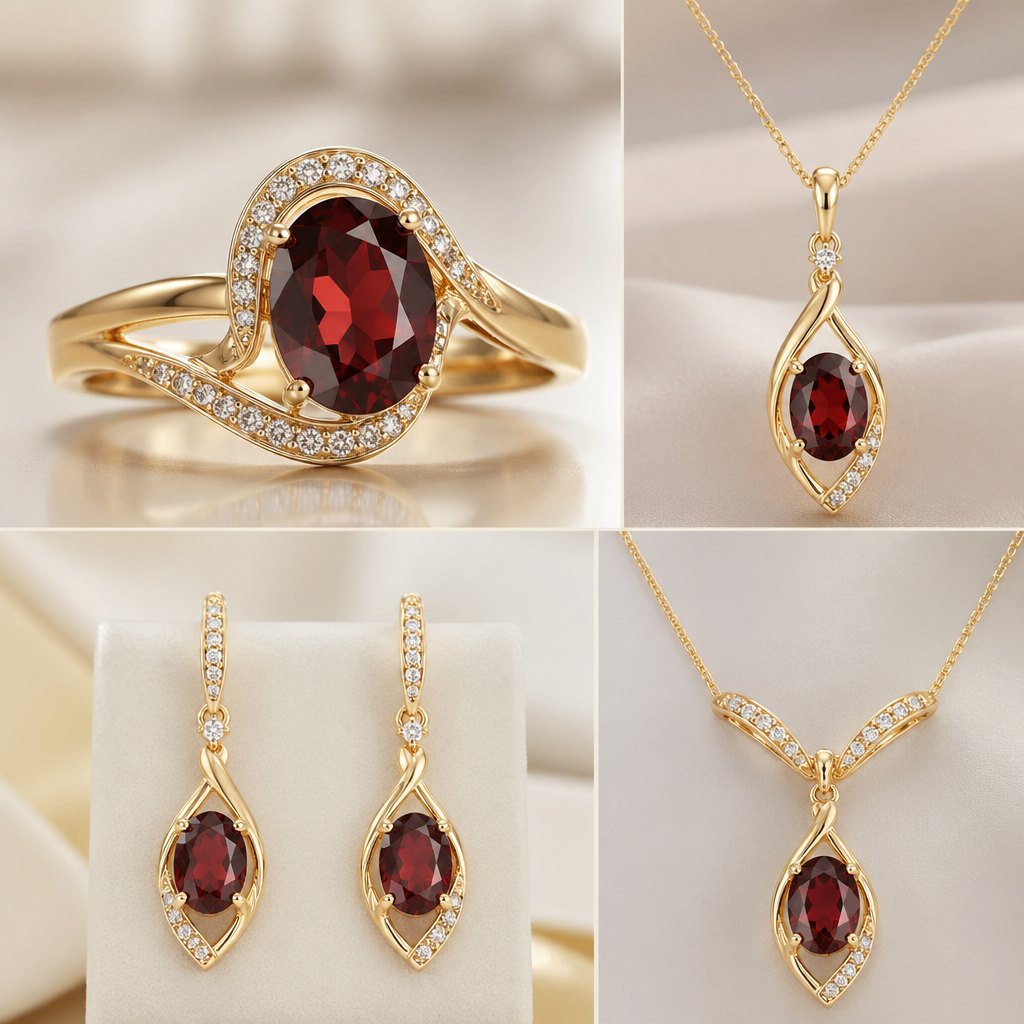 A modern women's ring made of gold with diamond and garnet stones suitable for formal. classic, elegant, luxious ring,.earings and necklace with modernzied design, use my reference gems
photorealistic jewelry design, A modern women's ring made of gold with diamond and garnet stones suitable for formal. classic, elegant, luxious ring,.earings and necklace with modernzied design, use my reference gems, modern style, just the design no text