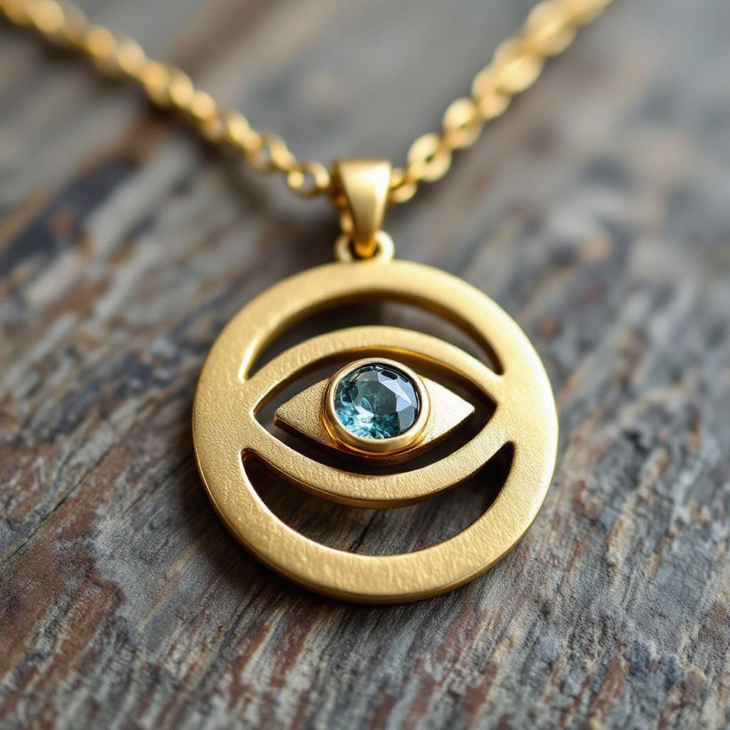 Подвеска из матового золота с узорами и мелкими необработанными камнями в форме двух пересекающихся окружностей и глаза между ними