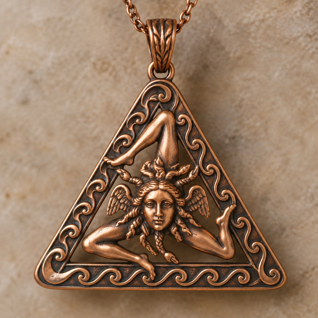 A rustic women's pendant made of copper suitable for daily wear, detailed and decorative, moderately ornate. ciondolo a forma di Trinacria con dettagli in rilievo e circondata da un triangolo decorato da onde stilizzate lungo la superficie del triangolo.
photorealistic jewelry design, A rustic women's pendant made of copper suitable for daily wear, detailed and decorative, moderately ornate. ciondolo a forma di Trinacria con dettagli in rilievo e circondata da un triangolo decorato da onde stilizzate lungo la superficie del triangolo., rustic style, just the design no text
