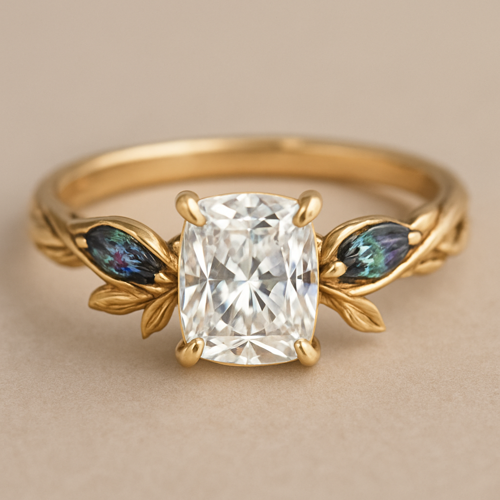 2 carat elongated cushion cut diamond engagement ring with double claw prongs in yellow gold ring with marquise shaped alexandrite side stones