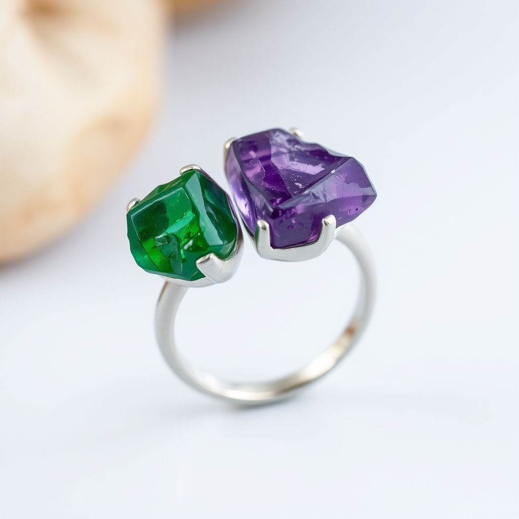 Craft a minimalist silver adjustable ring that delicately embraces the finger. Feature two striking raw natural gemstones—allowing their organic textures and colors to stand out. The design exudes earthy elegance, merging modern style with raw, untamed nature.