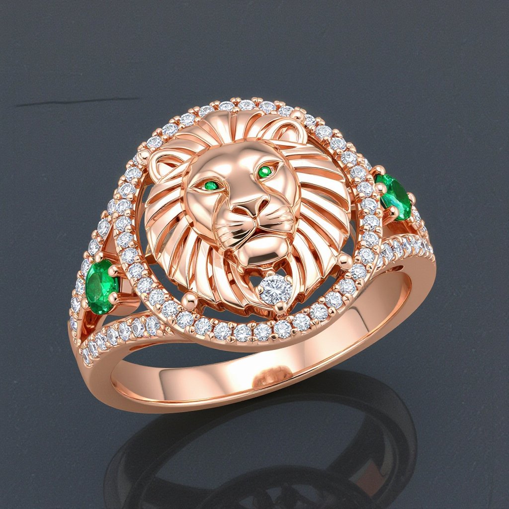 Geomatric ring abstract Geomatricw lion of architecture shape and edge of diamonds and emerlad of rose gold 