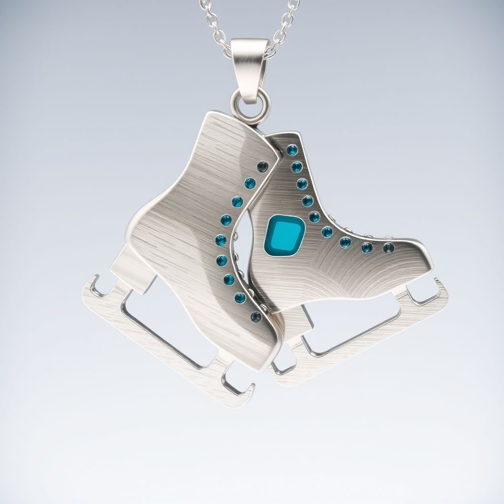Pendant silver with stylized ice figure skating skates. Remove boots and leave only lowest part of skates. Add turquoise
