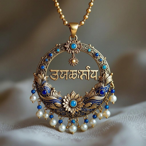 Кулон на длинной цепочке. Матовое светлое золото. В цепочке небольшие золотые шарики и синие камушки и жемчуга. Кулон в форме неровного мятого круга. На круге изображена надпись на санскрите om namah shivaya. Круг украшен лотосами звездами волнами узорами