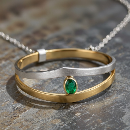 Necklace set Modern Design a sleek, modern cuff bracelet featuring asymmetrical angles and a polished finish. Use a combination of brushed matte silver and high-shine gold accents for contrast. Incorporate a single, oval-cut gemstone-perhaps a striking emerald-set at an unconventional angle, creating a bold focal point that exudes contemporary elegance and sophistication.