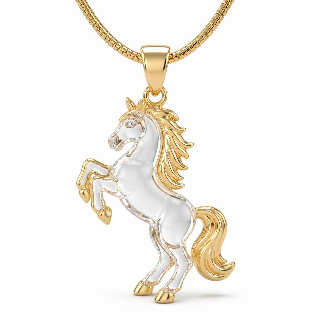 . Refinement: cavalo é transparente e é aço inoxidável dourado
photorealistic jewelry design, . Refinement: cavalo é transparente e é aço inoxidável dourado, just the design no text