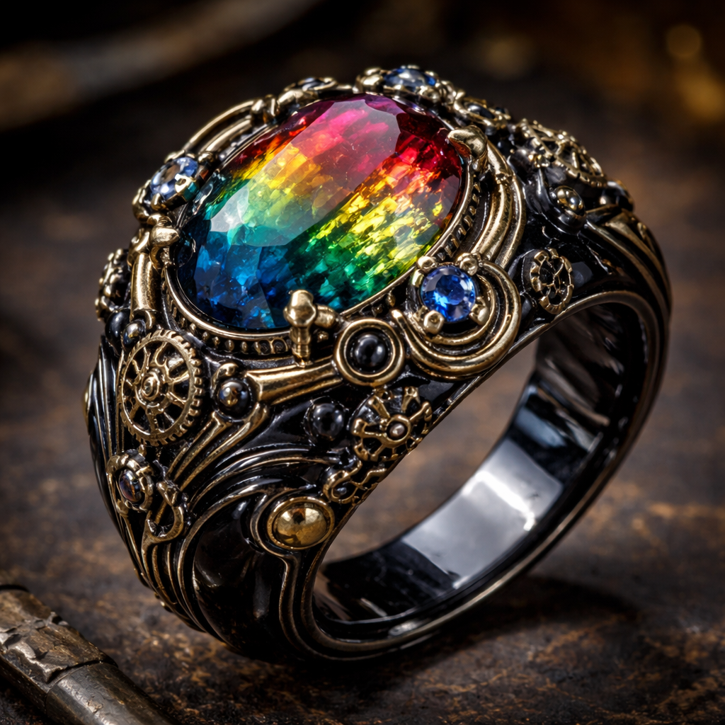A beautiful black obsidian ring with beautiful steampunk artwork and a rainbow Turmaline with sapphires
A beautiful black obsidian ring with beautiful steampunk artwork and a rainbow Turmaline with sapphires, steampunk style
