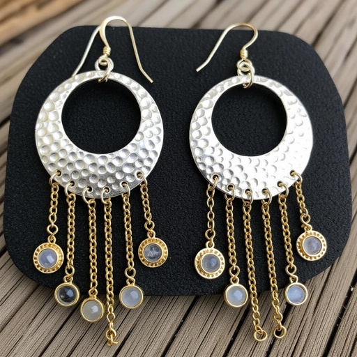 Серебряные серьги словно мятое серебро в форме полумесяца. Верхушка полумесяца крепится к застежке серьги.  От полумесяца идет три цепочки золотого цвета, у каждой на конце мелкий камушек лунный камень