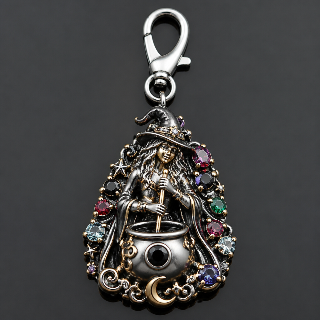 A modern women's pendant made of mixed metal with diamond and ruby and emerald and amethyst and topaz and garnet stones. a witch with a cauldron, made into a charm, for car keys also with a clip to clip on your purse. use black stones as well
photorealistic jewelry design, A modern women's pendant made of mixed metal with diamond and ruby and emerald and amethyst and topaz and garnet stones. a witch with a cauldron, made into a charm, for car keys also with a clip to clip on your purse. use black stones as well, modern style, just the design no text