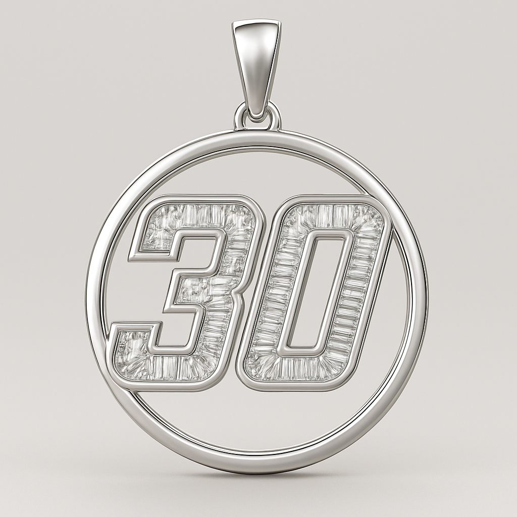 Number 30 with white gold baguettes inside big circle pendant , big nascar font