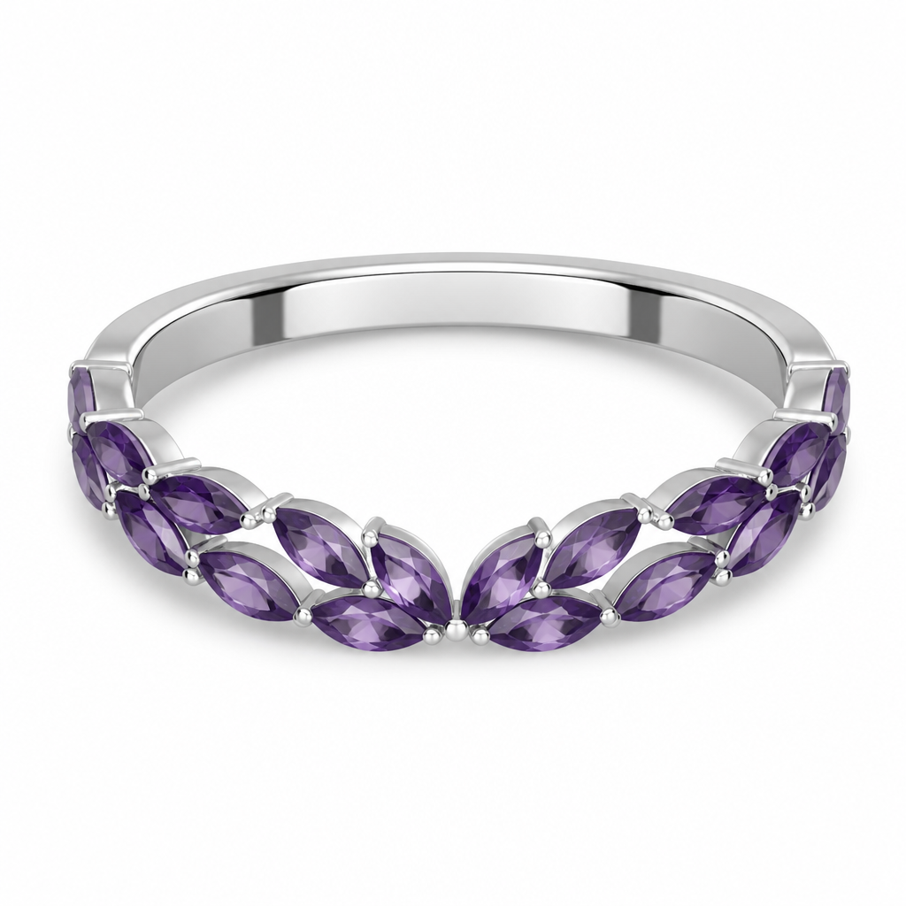 A women's ring made of white gold with amethyst stones suitable for wedding. Quero que la mitad inferior tenga una patrón de laureles que se encuentran en la mitad echos en amatistas y la mitad superior de oro blanco
photorealistic jewelry design, A women's ring made of white gold with amethyst stones suitable for wedding. Quero que la mitad inferior tenga una patrón de laureles que se encuentran en la mitad echos en amatistas y la mitad superior de oro blanco, modern style, just the design no text