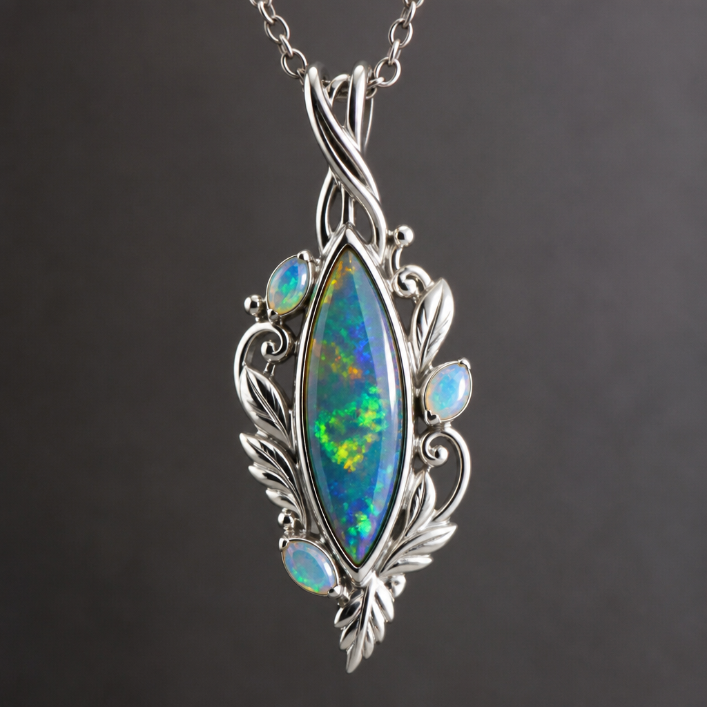 A nature-inspired women's pendant made of silver with opal stones suitable for birthday, detailed and decorative, moderately ornate. A pendant setting for a faceted, deep keel, marquise cut opal measuring 17mm long, 6mm wide with a 5mm deep keel.
photorealistic jewelry design, A nature-inspired women's pendant made of silver with opal stones suitable for birthday, detailed and decorative, moderately ornate. A pendant setting for a faceted, deep keel, marquise cut opal measuring 17mm long, 6mm wide with a 5mm deep keel., nature_inspired style, just the design no text