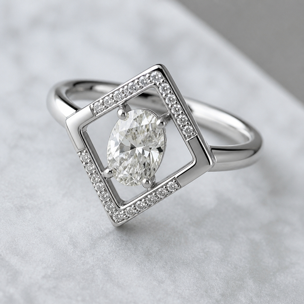 A women's ring made of silver with diamond stones. bague sertie d'un diamant oval, à l'intérieur du carré feminin travaillé et delicat, minimaliste
photorealistic jewelry design, A women's ring made of silver with diamond stones. bague sertie d'un diamant oval, à l'intérieur du carré feminin travaillé et delicat, minimaliste, modern style, just the design no text