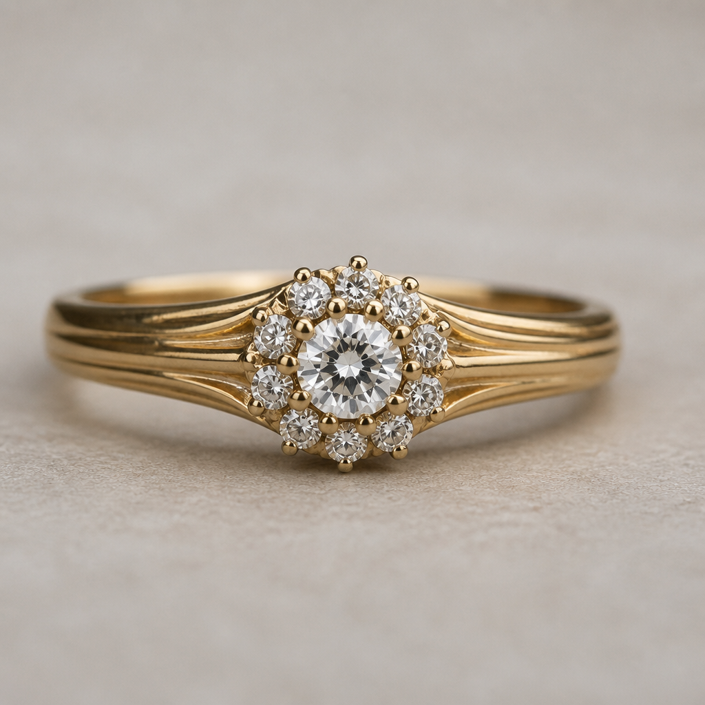 A vintage women's ring made of gold with diamond stones suitable for wedding. this ring was my wife's mother's it was a small round brilliant diamond surrounded by a bunch of smaller diamonds. it was 3 rings originally but was made into one ring the band was a combination of all 3 bands that could be seen on the sides of the ring faintlybut made into one band
photorealistic jewelry design, A vintage women's ring made of gold with diamond stones suitable for wedding. this ring was my wife's mother's it was a small round brilliant diamond surrounded by a bunch of smaller diamonds. it was 3 rings originally but was made into one ring the band was a combination of all 3 bands that could be seen on the sides of the ring faintlybut made into one band, vintage style, just the design no text