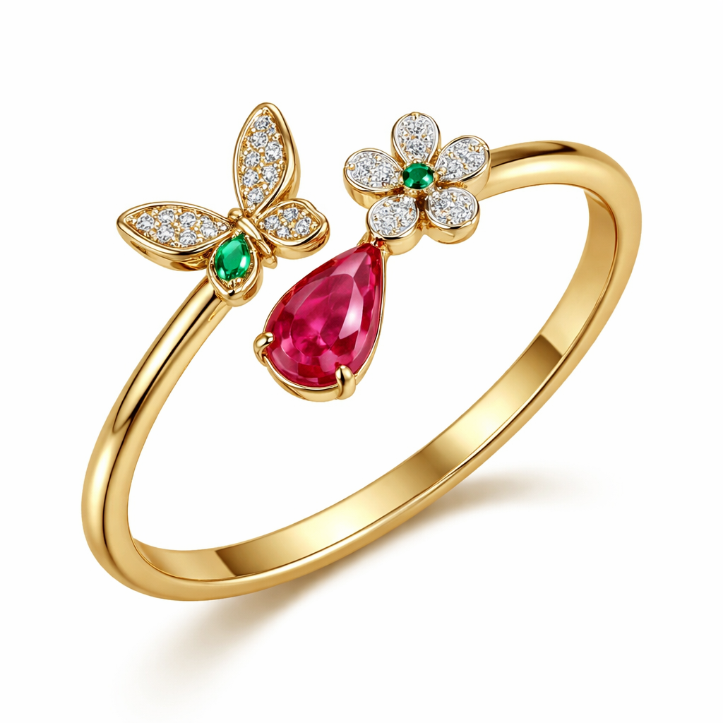 A women's ring made of gold with ruby and emerald stones. simpel and elegent a small butterfly and a flower