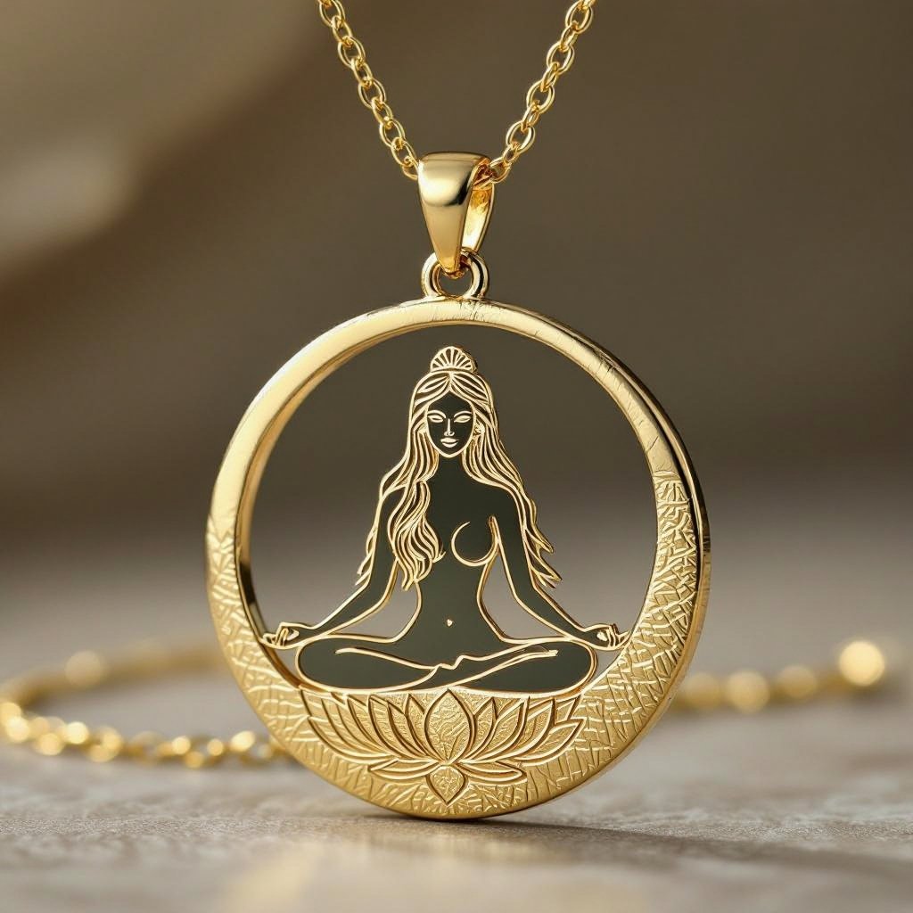 Золотой кулон в виде неровного круга в круге выгравирована женщина с длинными волосами в позе лотоса