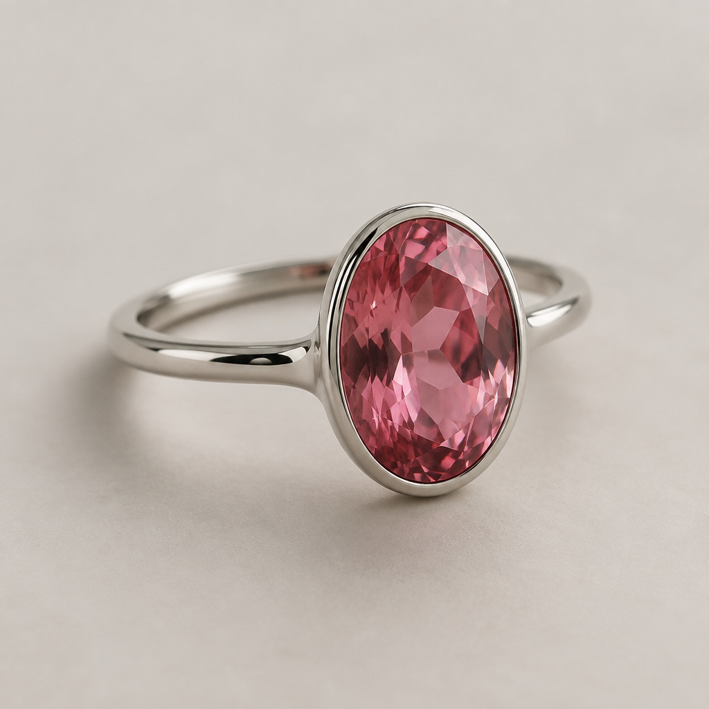 A contemporary women's ring made of silver with garnet stones, minimalist, simple and delicate, clean lines. using the piece in the photo i would like a ring with a pink oval garnet mounted
photorealistic jewelry design, A contemporary women's ring made of silver with garnet stones, minimalist, simple and delicate, clean lines. using the piece in the photo i would like a ring with a pink oval garnet mounted, contemporary style, just the design no text