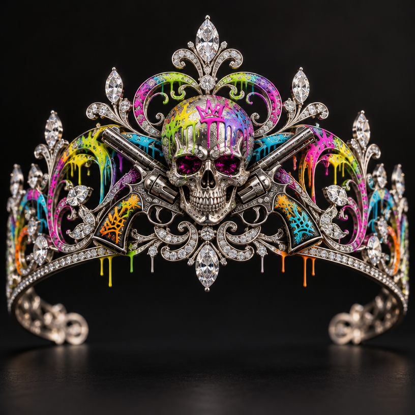 A medieval women's tiara made of platinum suitable for formal. a skull with neon graffiti around the skull and pistols crossing
using the attached image as a visual reference, create A medieval women's tiara made of platinum suitable for formal. a skull with neon graffiti around the skull and pistols crossing. photorealistic, just the design no text
