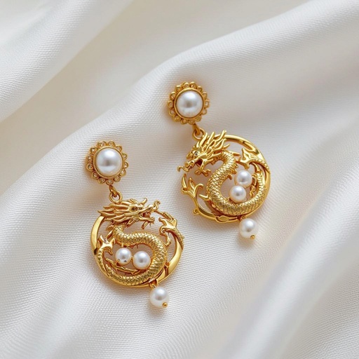Золотые матовые серьги с изображением дракона узоры и жемчуг 