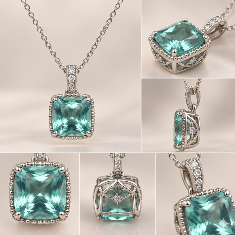 A women's necklace. a 2.8 ct square cushion cut neon blue green beryl in a basket setting with beading around stone and some hidden accents diamond
using the attached image as a visual reference, create A women's necklace. a 2.8 ct square cushion cut neon blue green beryl in a basket setting with beading around stone and some hidden accents diamond. photorealistic, just the design no text