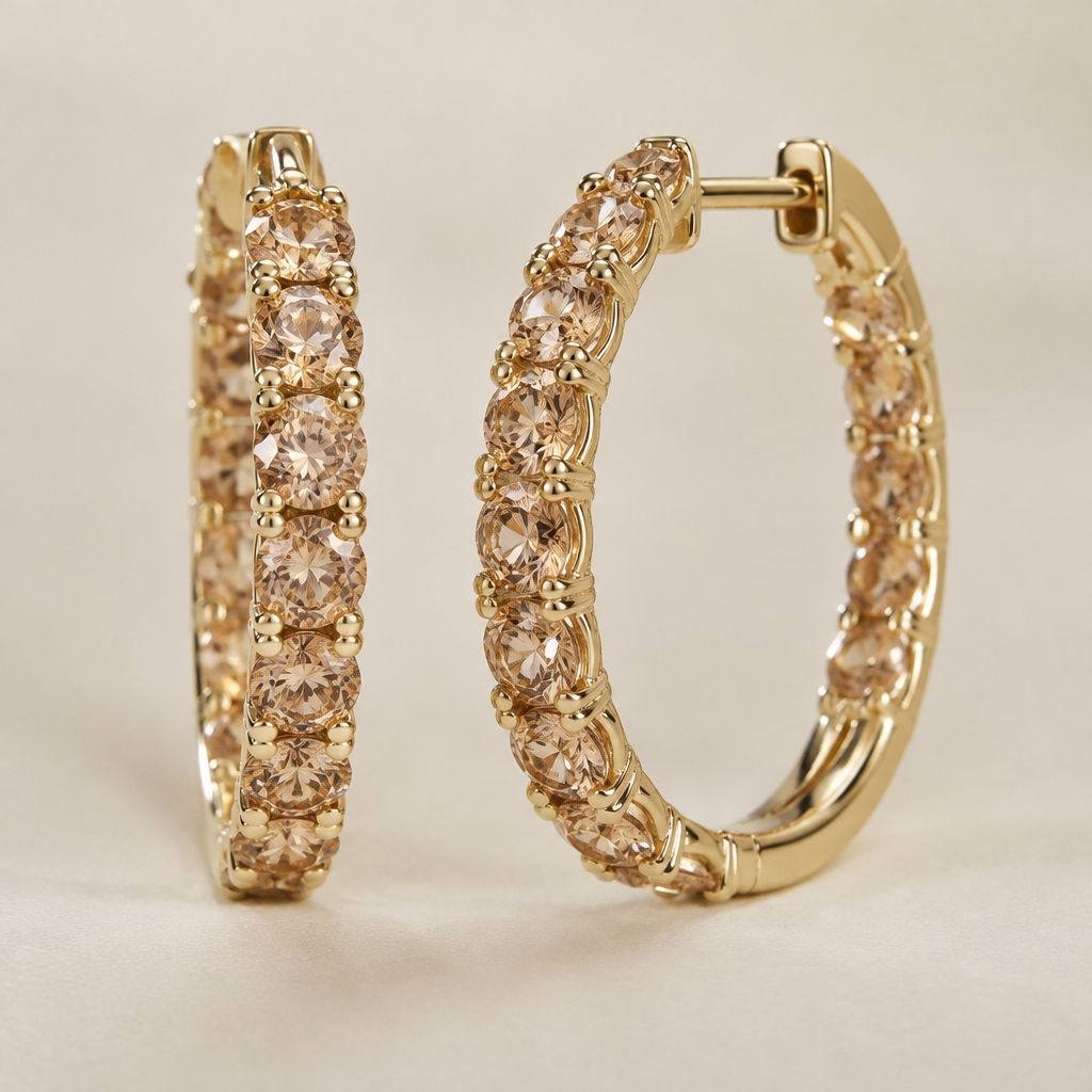 Hoop earrings with champagne diamonds, center stone champagne diamonds 3.2 mm
photorealistic jewelry design, Hoop earrings with champagne diamonds, center stone champagne diamonds 3.2 mm, just the design no text