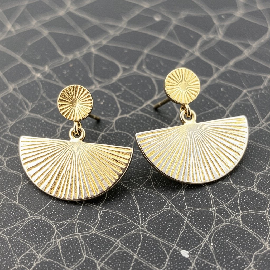 Золотые серьги полукруг половинка горящего солнца мятое неровное золото лучи волнистые другая половинка круга серебряная 