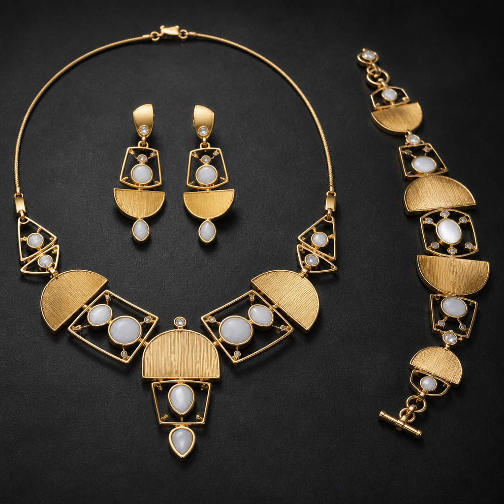 Prompt: Full jewelry suite made of authentic 21 karat gold. The set consists of a necklace, earrings, and a bracelet. Creative design blending semicircular gold plates with hollow geometric frames. Adorned with polished white agate and small sparkling white stones. High detail, luxury jewelry design, cinematic lighting, sharp focus on the textures of gold and white stones, isolated on a dark luxury background.
photorealistic jewelry design, Prompt: Full jewelry suite made of authentic 21 karat gold. The set consists of a necklace, earrings, and a bracelet. Creative design blending semicircular gold plates with hollow geometric frames. Adorned with polished white agate and small sparkling white stones. High detail, luxury jewelry design, cinematic lighting, sharp focus on the textures of gold and white stones, isolated on a dark luxury background., african style, just the design no text