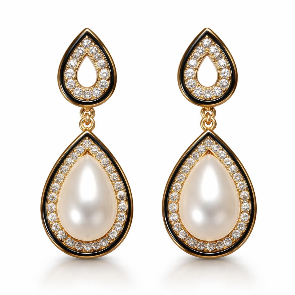 Pear shaped pearl drop earrings with gold and black border and with pavé diamonds, everyday wear