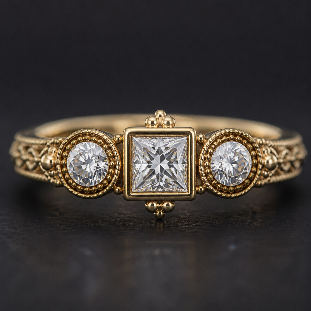 Two round and one princess cut diamonds in a ring
photorealistic jewelry design, Two round and one princess cut diamonds in a ring, ethnic style, just the design no text