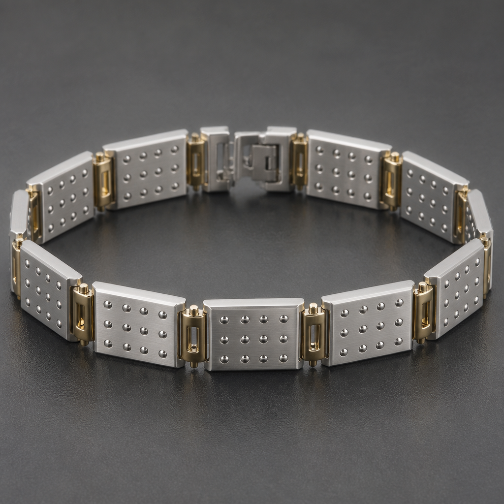 A geometric men's bracelet made of platinum suitable for daily wear. The bracelet has a set of platinum sqaure formed boxes chained togheter with gold clasps. the boxes being about 3 cm wide and with small silver dots on them in a boxwide pattern. the bracelet should be about 23cm in length.
photorealistic jewelry design, A geometric men's bracelet made of platinum suitable for daily wear. The bracelet has a set of platinum sqaure formed boxes chained togheter with gold clasps. the boxes being about 3 cm wide and with small silver dots on them in a boxwide pattern. the bracelet should be about 23cm in length., geometric style, just the design no text