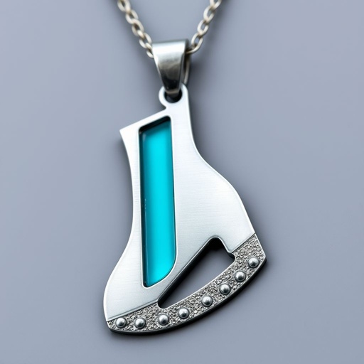 Silver pendant in the shape of ice skating blades with a turquoise stripe within the blade