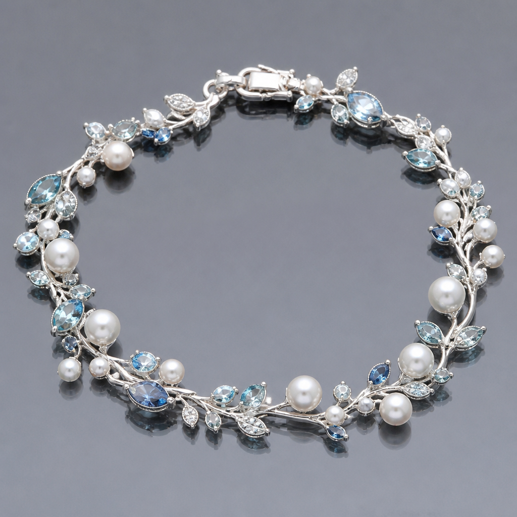 A pearl-adorned women's bracelet made of platinum with topaz and aquamarine stones suitable for daily wear, highly ornate, intricate and elaborate, richly detailed. delicado y sencillo con pequeñas hojas
photorealistic jewelry design, A pearl-adorned women's bracelet made of platinum with topaz and aquamarine stones suitable for daily wear, highly ornate, intricate and elaborate, richly detailed. delicado y sencillo con pequeñas hojas, pearl_adorned style, just the design no text