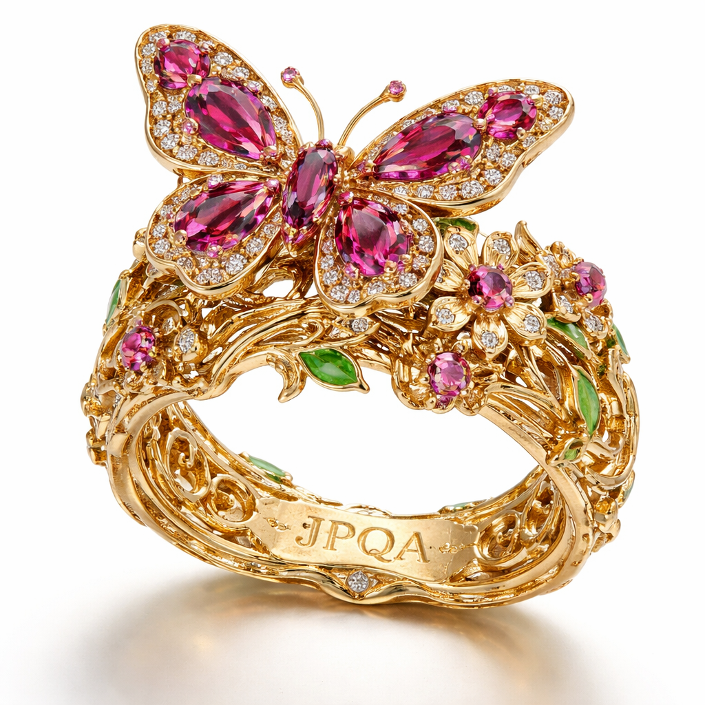 A nature women's ring made of gold with ruby stones suitable for festival. que sea una joya única con una mariposa y t nga demaciado detalles y en el aro que tenga JPQA