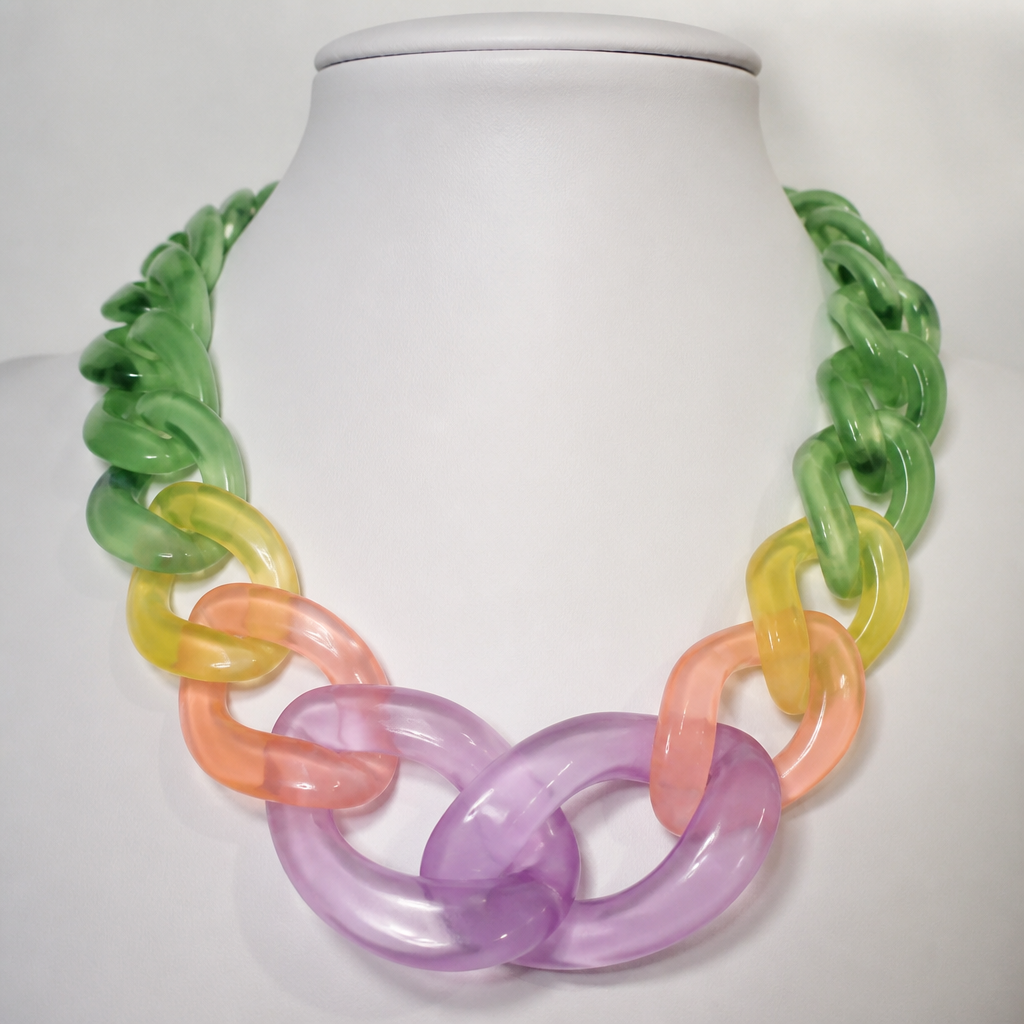 A women's necklace. create a chunky Cuban Link style plastic chain that is o graduated and exaggerated in the first front three links that is semi translucent lucite with the back part of the necklace green like a flower stem and the very front part, the color of a lavender rose, salmon pink, and yellow
photorealistic jewelry design, A women's necklace. create a chunky Cuban Link style plastic chain that is o graduated and exaggerated in the first front three links that is semi translucent lucite with the back part of the necklace green like a flower stem and the very front part, the color of a lavender rose, salmon pink, and yellow, modern style, just the design no text