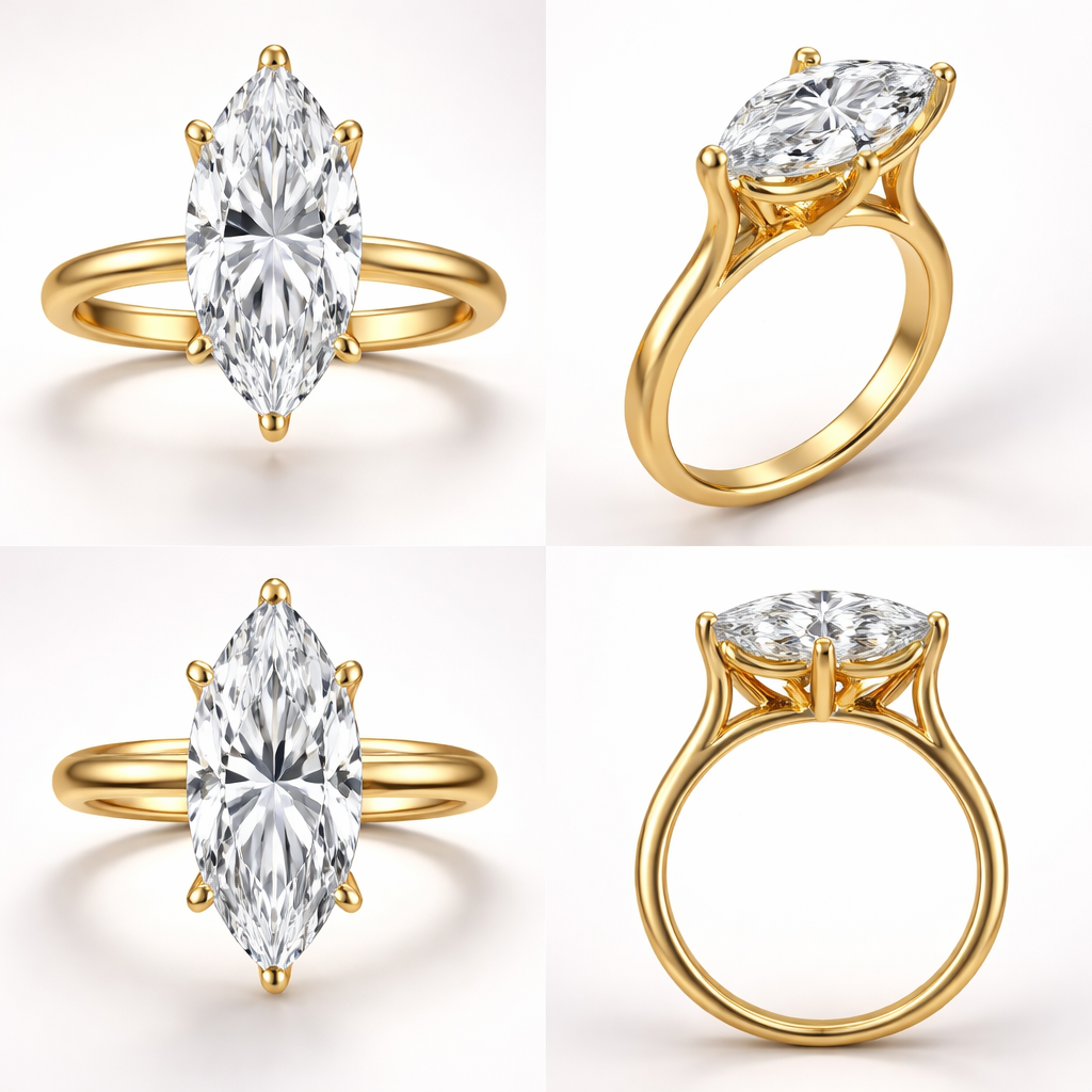 4 carat marquise solitaire ring, high setting, with 6 prongs, yellow gold, and create a view from different angles
