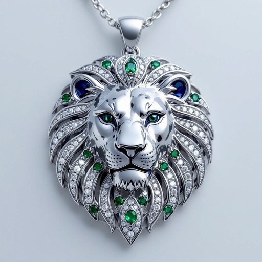 Design a lion Design a contemporary pendant featuring a single, large diamond shaped like a wing, symbolizing freedom and elegance. The diamond is elegantly set in a sleek, minimalist rose gold frame that accentuates its brilliance. The modern aesthetic is enhanced with clean lines and asymmetry, making it a striking statement piece for the avant-garde wearer.