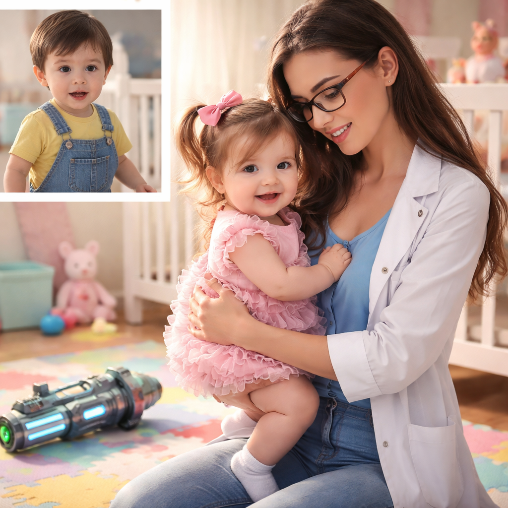 A women's ring. uma cientista mulher bonita me transformou eu menino Gilsandro Silva da luz com uma arma leuze em menina Gilsandra com roupinha 1 ano de idade pegou eu no colo largo arma leuze no chão do quarto do bebê foto ante eu menino Gilsandro Silva da luz foto minha transformação em menina Gilsandra 1 de idade com pessoa de verdade