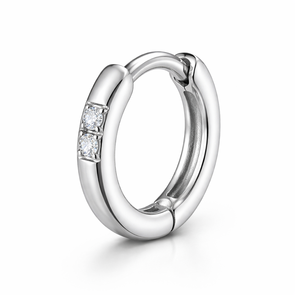 Make a white gold 10 mm in circumference Huggie pave set with just 3 small 1.5 mm round diamonds