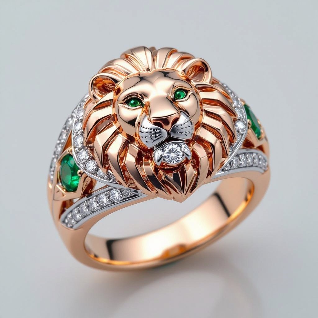 Geometric lion ring of rose gold and white goldGeomatricw lion of architecture shape and edge of diamonds and emerlad of rose gold 