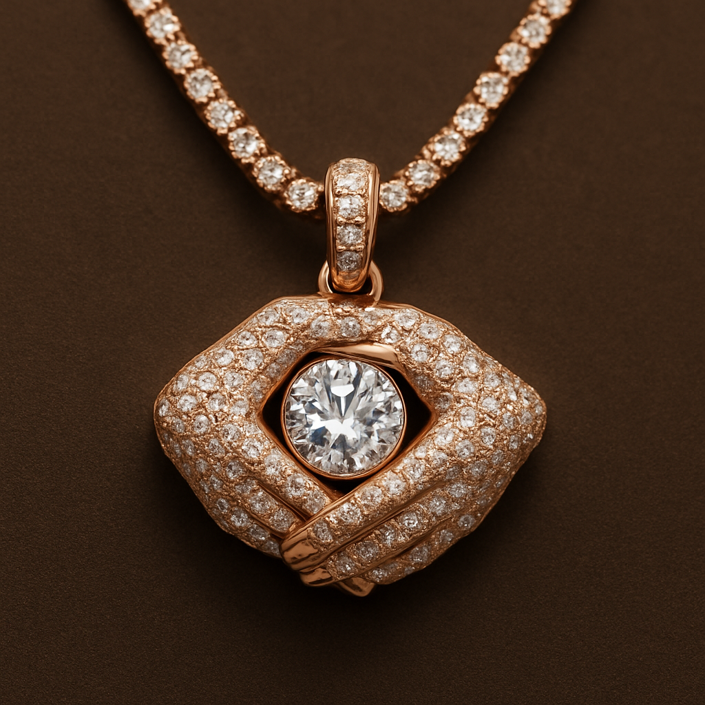 Kette aus Diamenten, 2Hände die sich festhalten als Anhänger und in der Mitte in Rund gefasst ein weißer Diamant in rosé