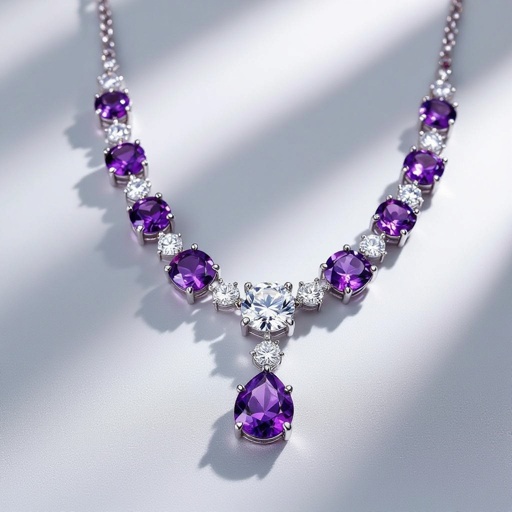 Fancy shape diamond long neckalace with purple colorstones