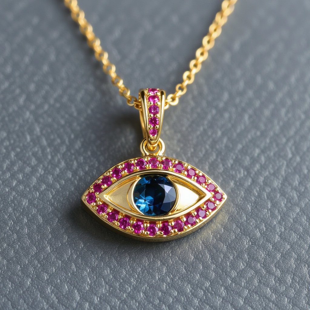Тонкая цепочка с золотыми шариками и мелкими розовыми камушками на цепочке есть кулон в форме глаза, зрачок глаза из темно синего камня 